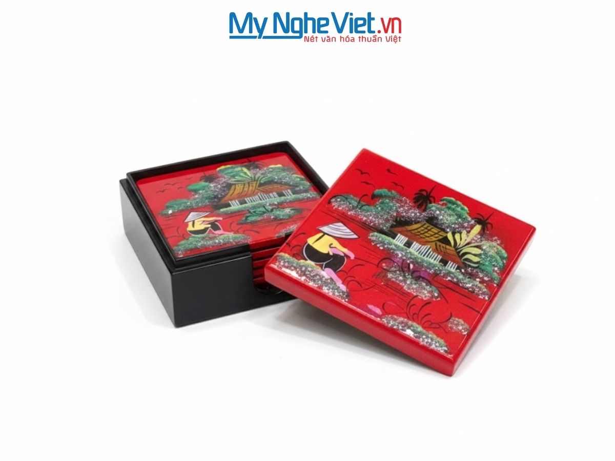 Đế Lót Ly Sơn Mài Đồng Quê Màu Đỏ DLL05