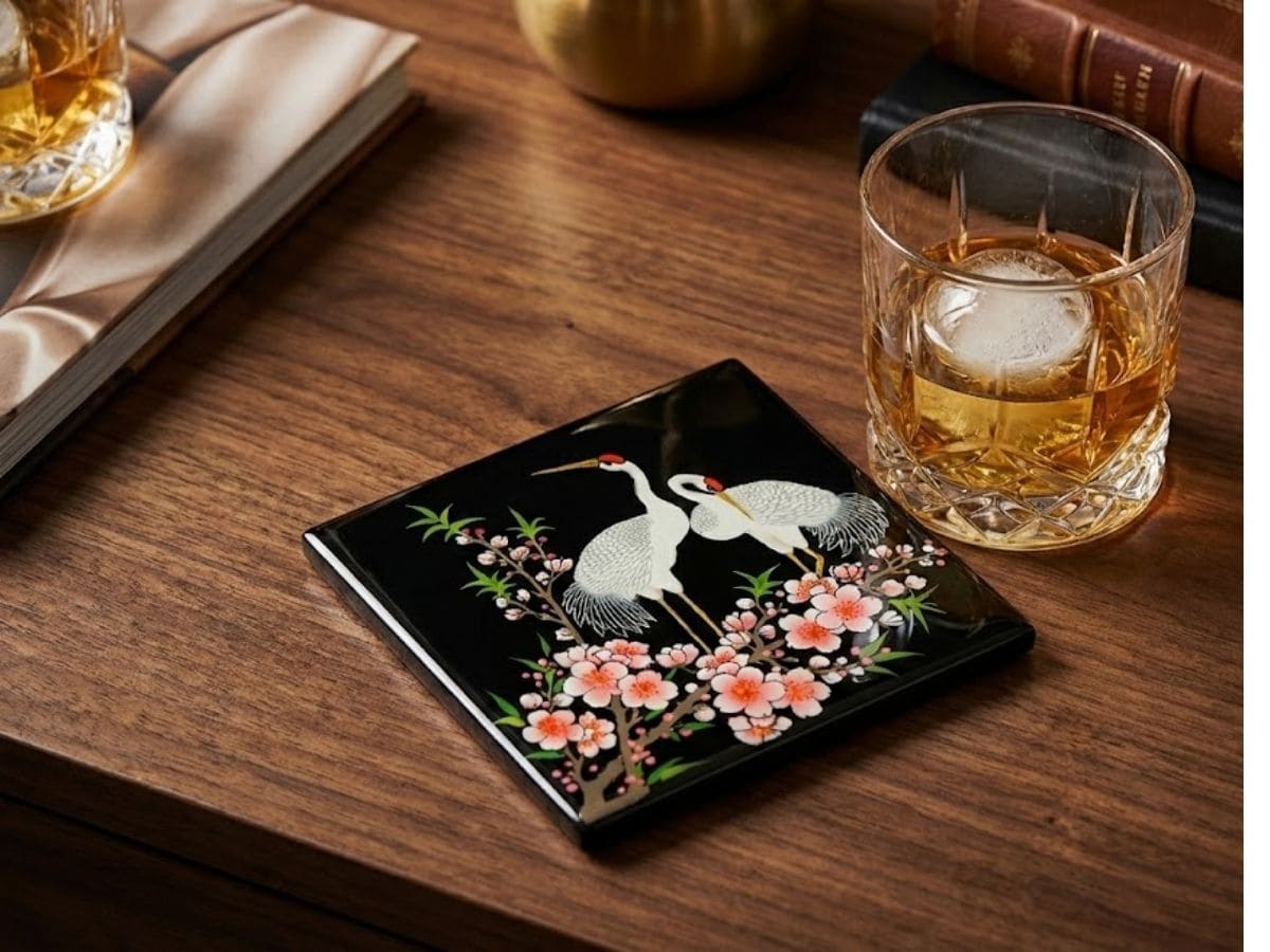 Đế Lót Ly sơn mài vuông vẽ cò đào & Hộp quà tặng cao cấp DLL10-11