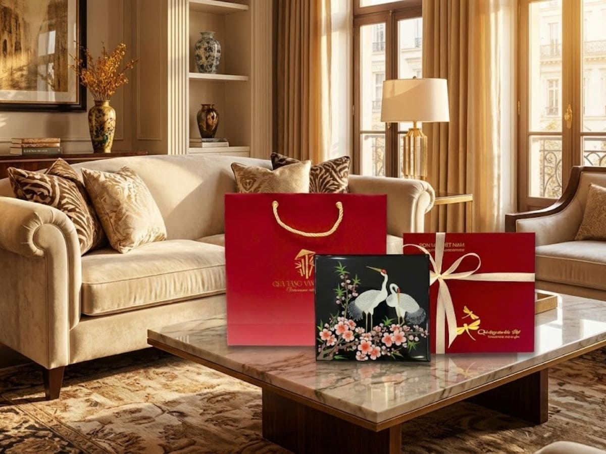 Đế Lót Ly sơn mài vuông vẽ cò đào & Hộp quà tặng cao cấp DLL10-11