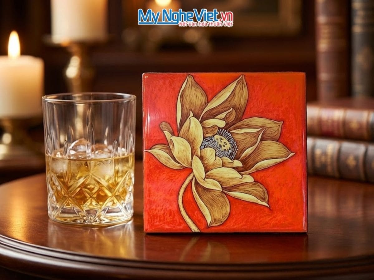 Đế Lót Ly sơn mài vuông hoa sen vàng nền cam & Hộp quà tặng cao cấp DLL10-8