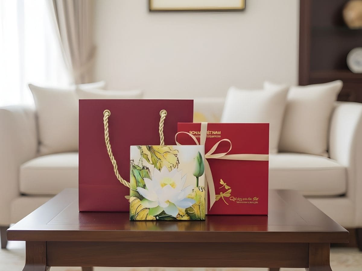Đế Lót Ly sơn mài vuông hoa sen trắng nền trắng & Hộp quà tặng cao cấp DLL10-9