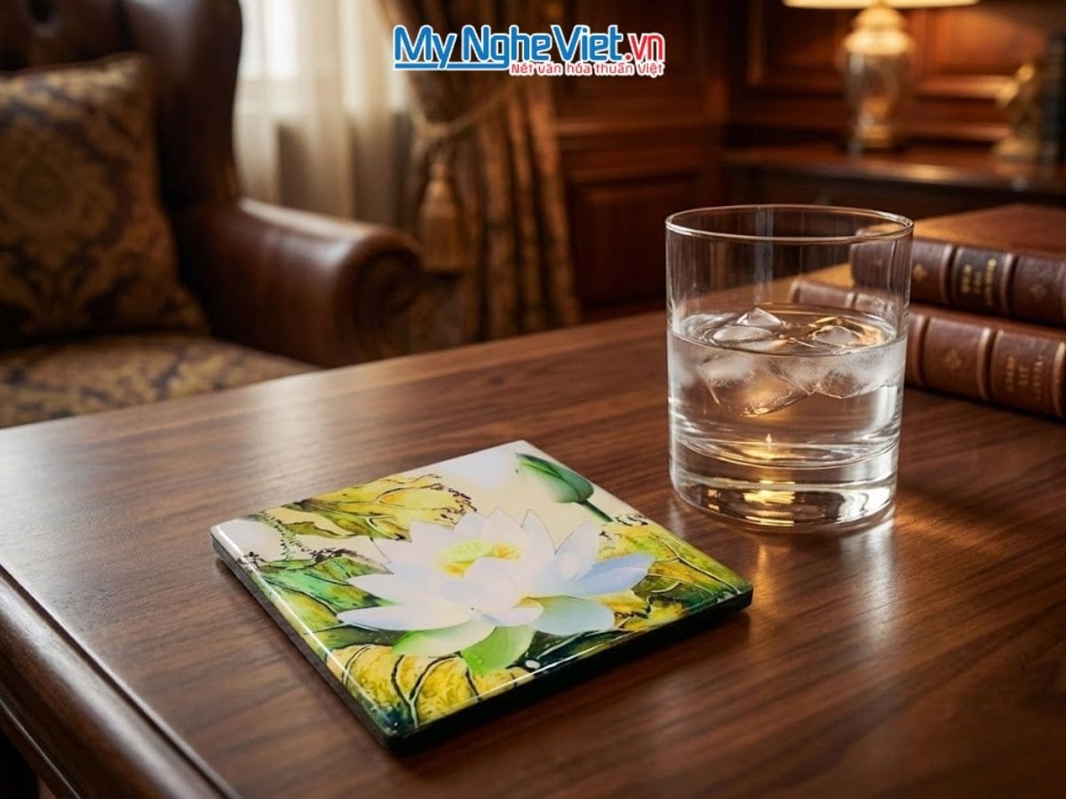 Đế Lót Ly sơn mài vuông hoa sen trắng nền trắng & Hộp quà tặng cao cấp DLL10-9