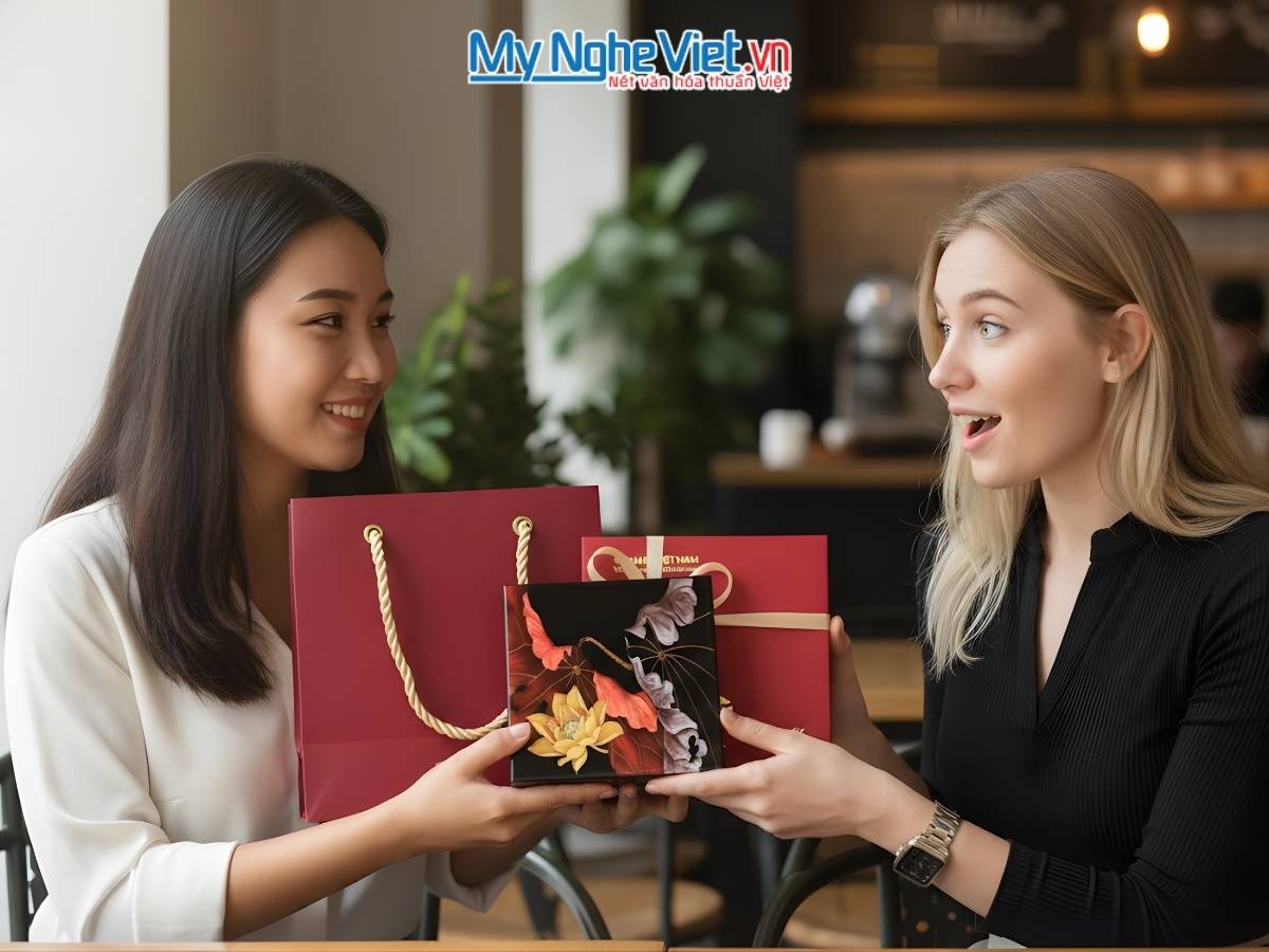 Đế Lót Ly sơn mài vuông hoa sen vàng nền đỏ đen & Hộp quà tặng cao cấp DLL10-10