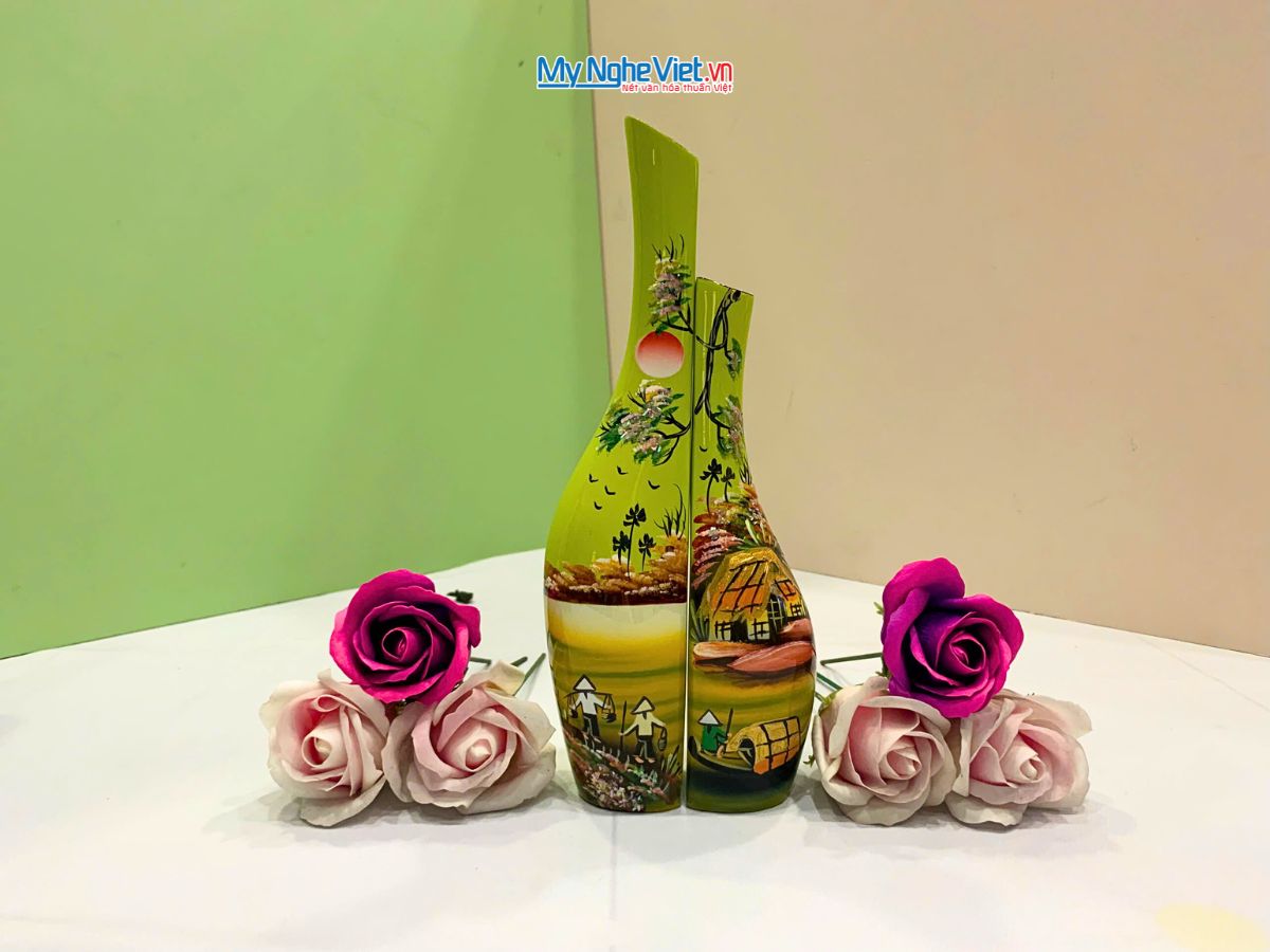 Cặp Lọ hoa sơn mài phu thê ốm đồng quê đủ mẫu trung LHSM78-4.1