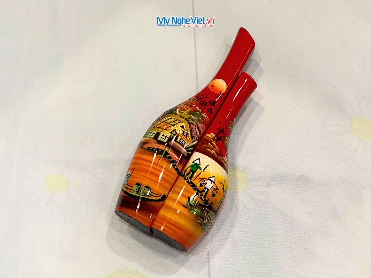 Cặp Lọ hoa sơn mài phu thê ốm đồng quê đủ mẫu trung LHSM78-4.1
