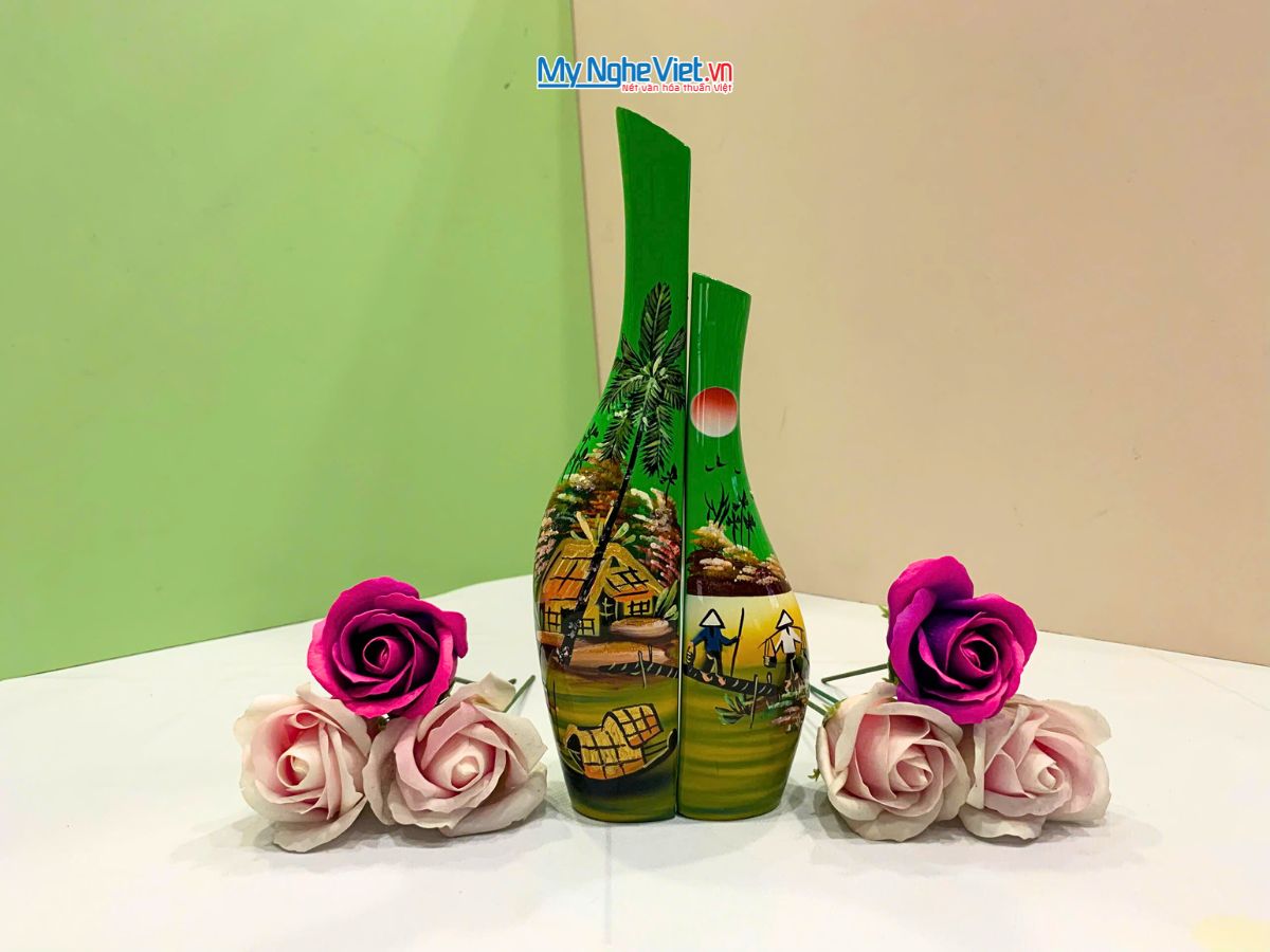 Cặp Lọ hoa sơn mài phu thê ốm đồng quê đủ mẫu trung LHSM78-4.1