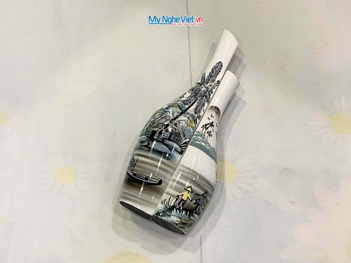 Cặp Lọ hoa sơn mài phu thê ốm đồng quê đủ mẫu trung LHSM78-4.1