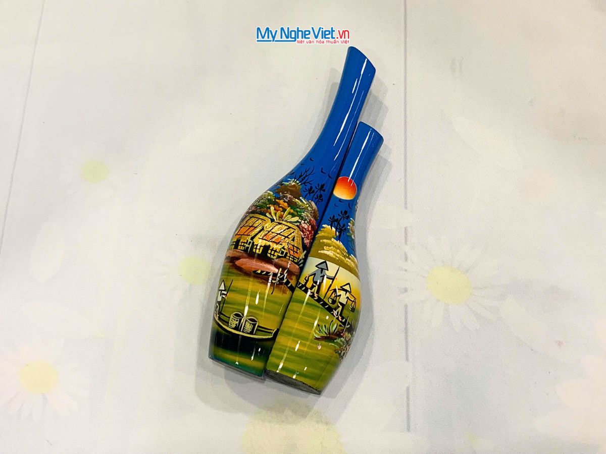 Cặp Lọ hoa sơn mài phu thê ốm đồng quê đủ mẫu trung LHSM78-4.1