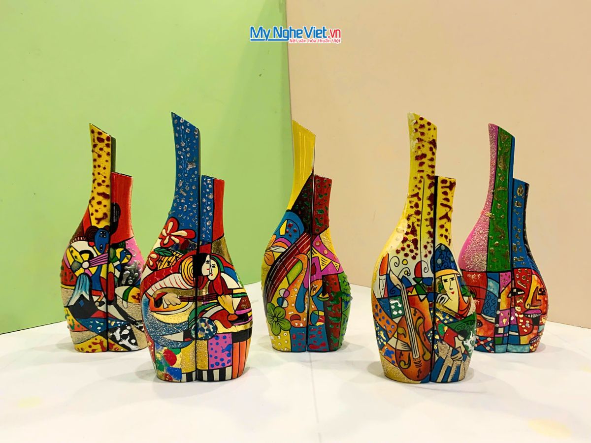 Cặp Lọ hoa sơn mài phu thê ốm Picasso đủ mẫu trung LHSM78-4.2