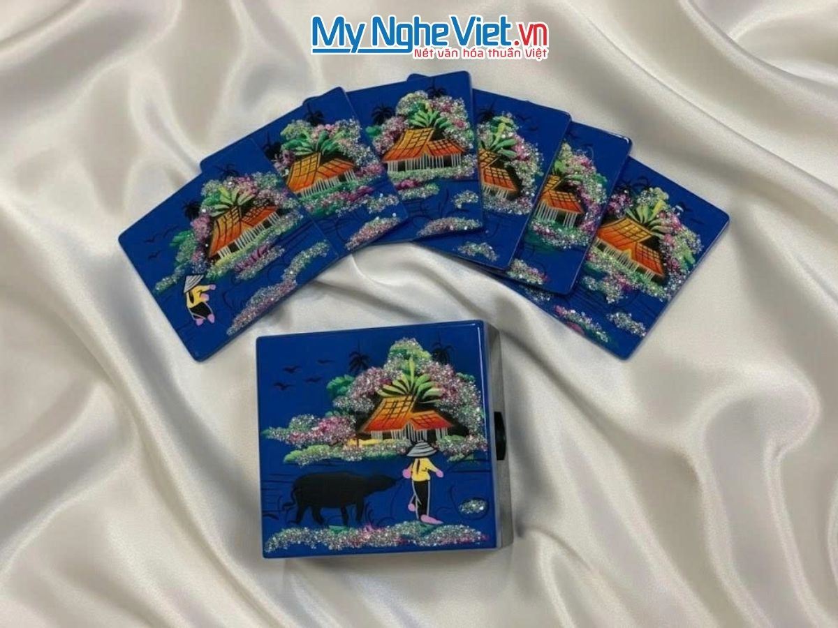 Đế Lót Ly Sơn Mài Đồng Quê Màu Xanh DLL05