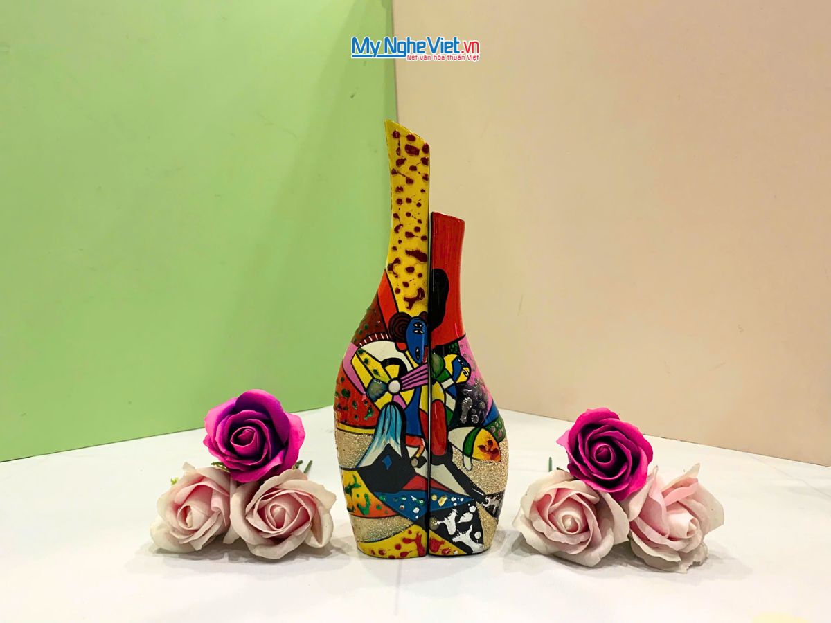 Cặp Lọ hoa sơn mài phu thê ốm Picasso đủ mẫu trung LHSM78-4.2