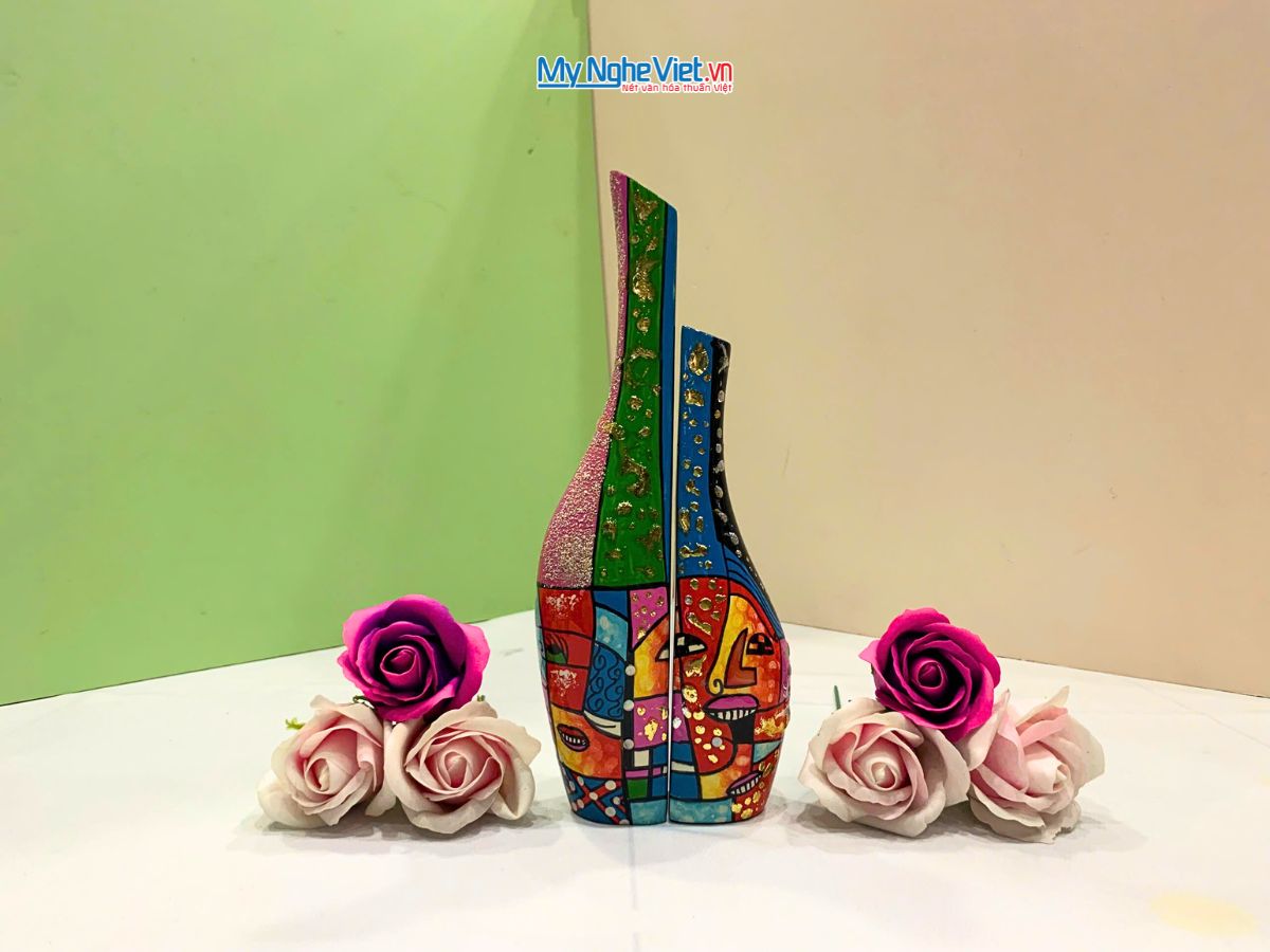 Cặp Lọ hoa sơn mài phu thê ốm Picasso đủ mẫu trung LHSM78-4.2