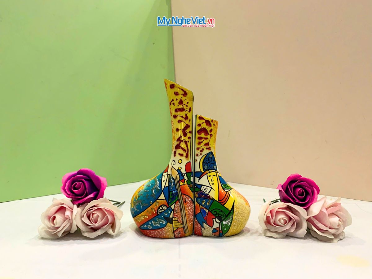 Lọ hoa sơn mài phu thê đủ mẫu trung Picasso LHSM78-2.2