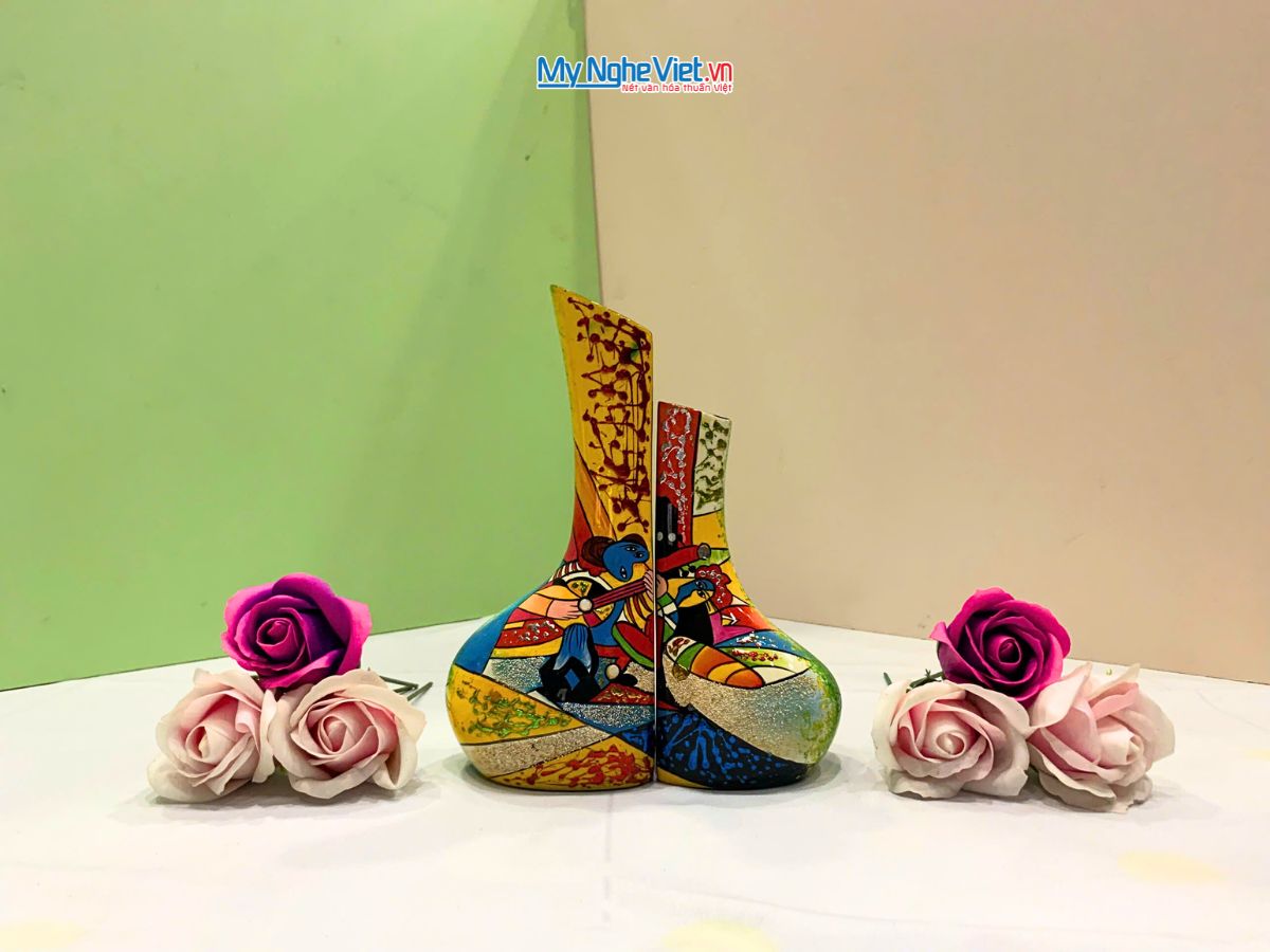 Lọ hoa sơn mài phu thê đủ mẫu trung Picasso LHSM78-2.2