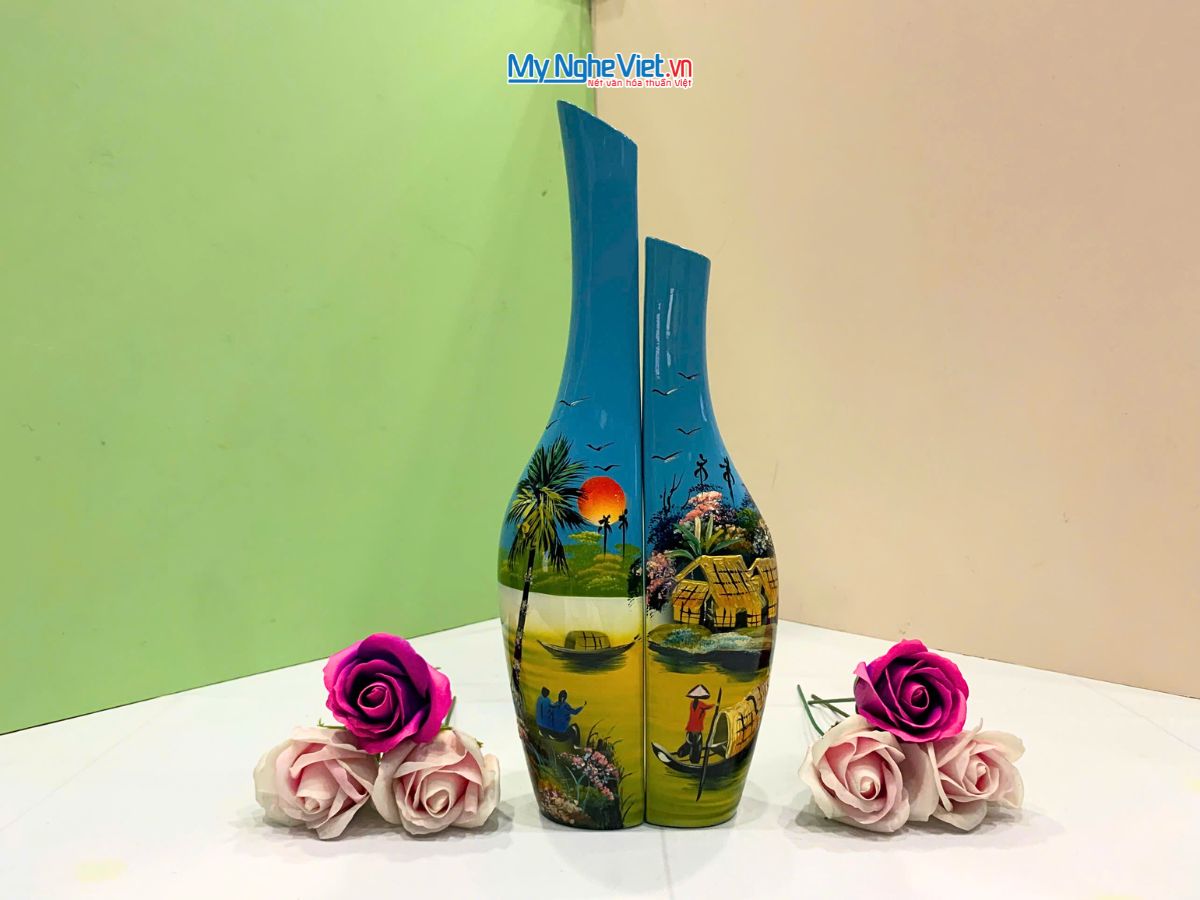Cặp Lọ hoa sơn mài phu thê ốm đồng quê đủ mẫu lớn LHSM78-4