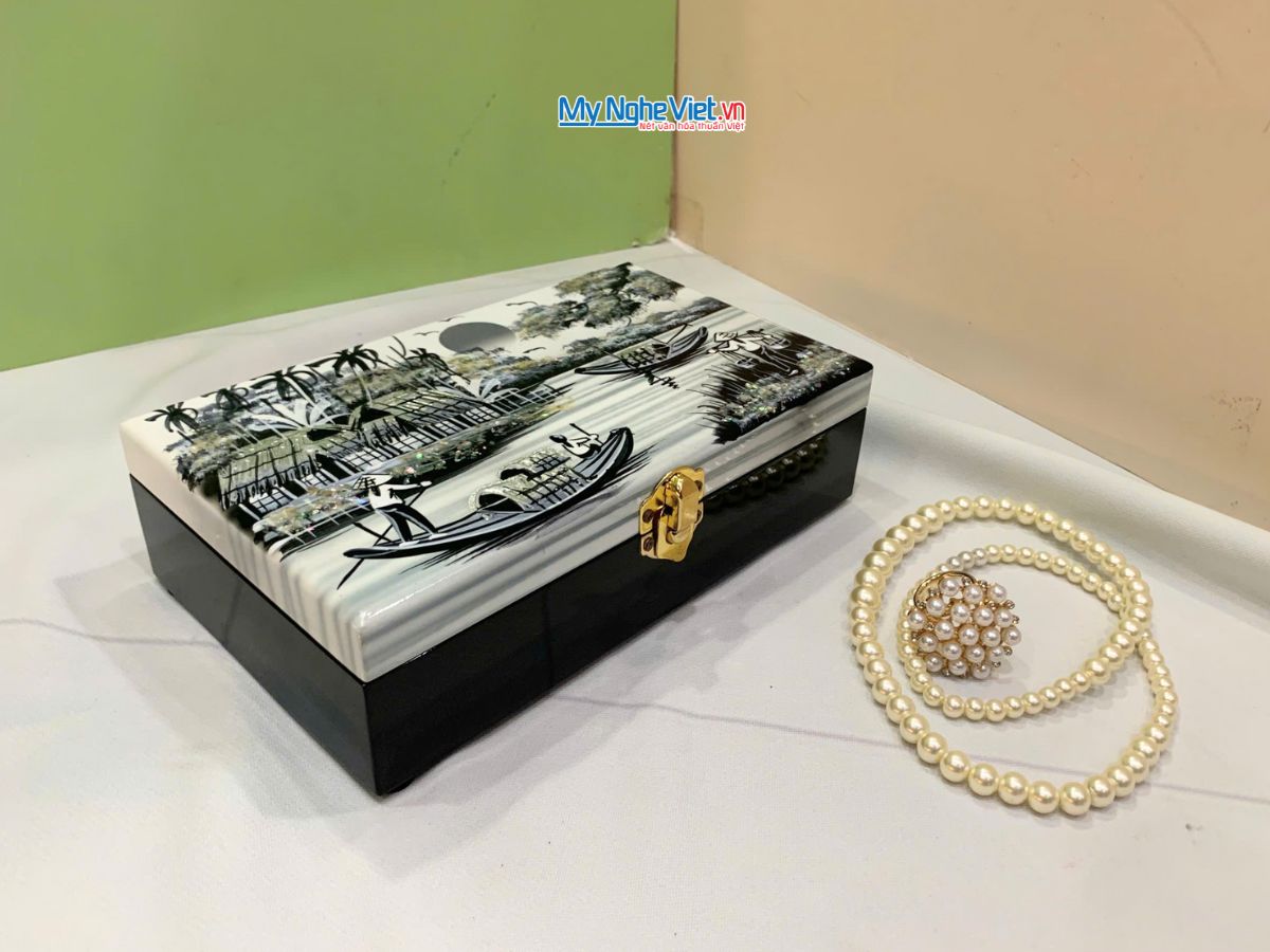 Hộp trang sức sơn mài đồng quê đen trắng HTS79/1