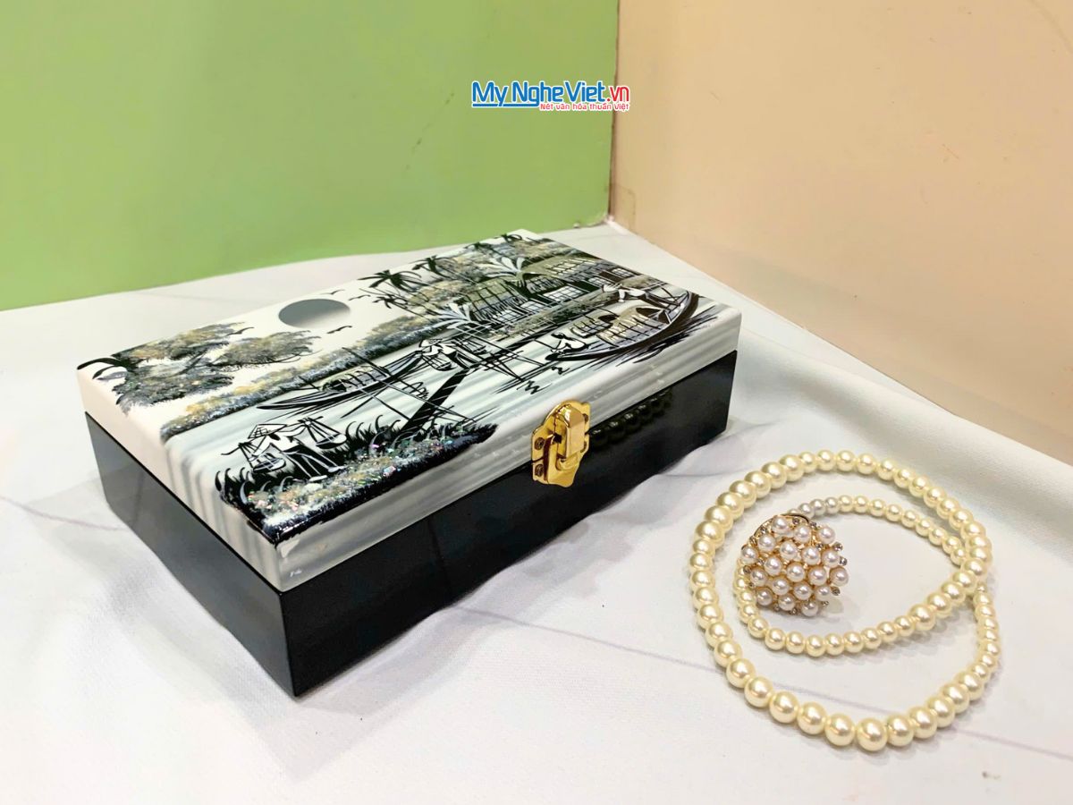 Hộp trang sức sơn mài đồng quê đen trắng HTS79/1.1
