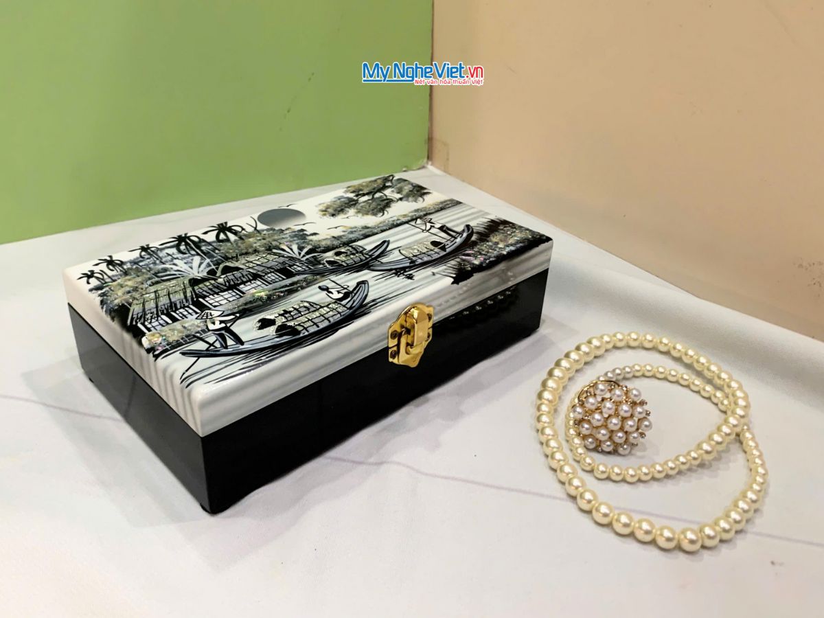 Hộp trang sức sơn mài đồng quê đen trắng HTS79/1.2