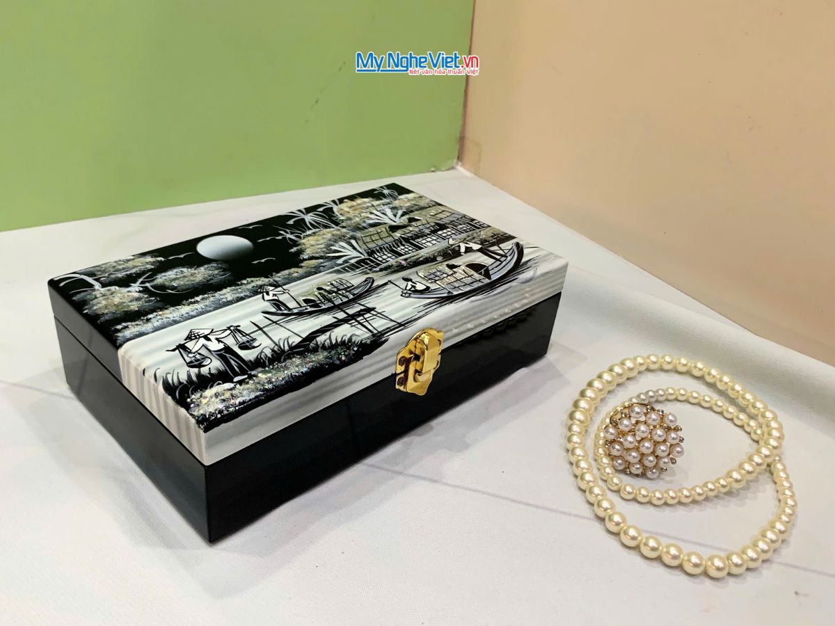 Hộp trang sức sơn mài đồng quê đen trắng HTS79/1.3