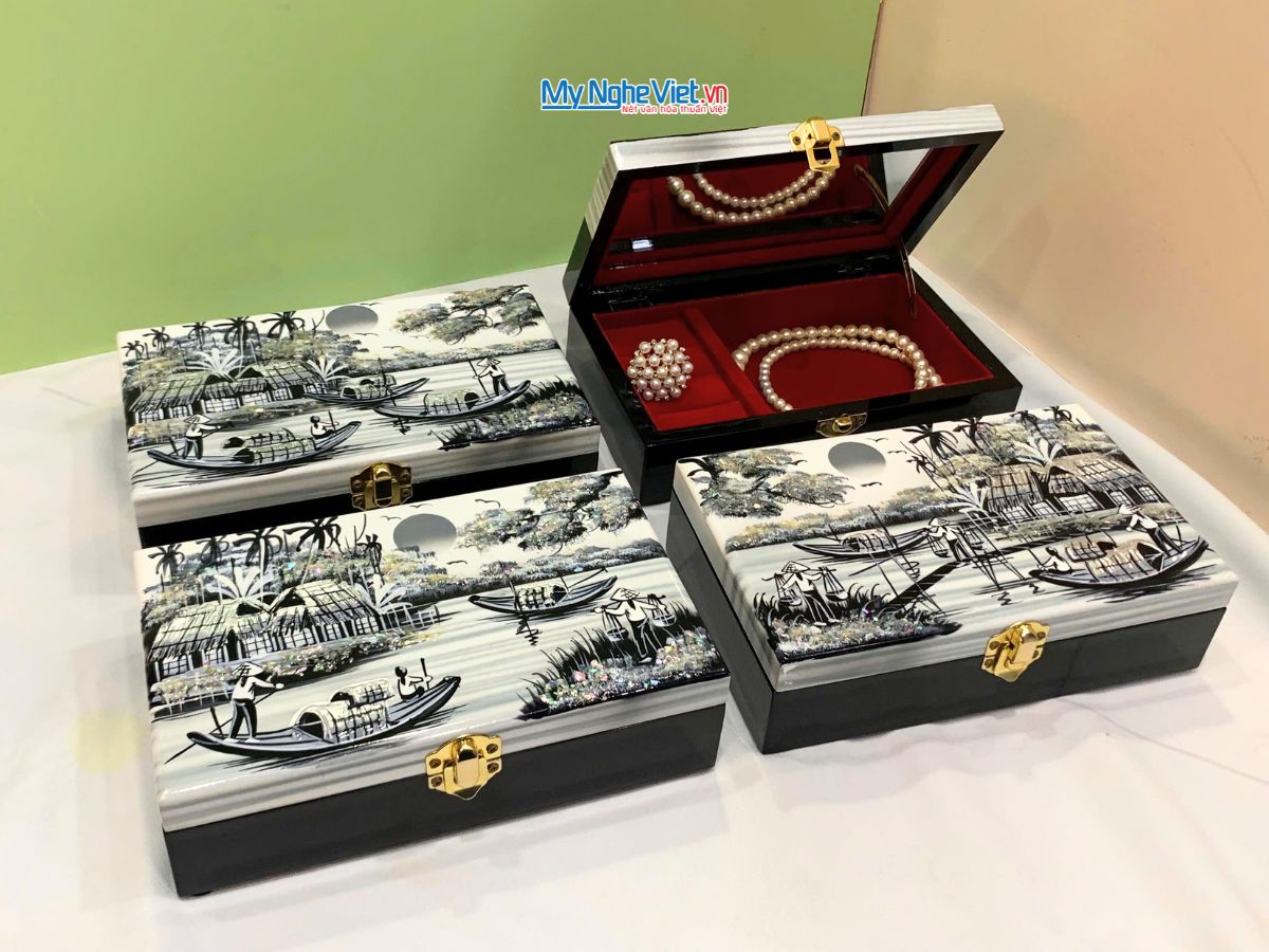 Hộp trang sức sơn mài đồng quê đen trắng HTS79/1