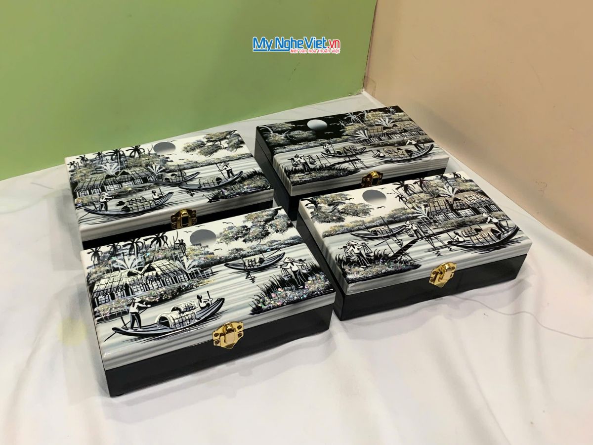 Hộp trang sức sơn mài đồng quê đen trắng HTS79/1