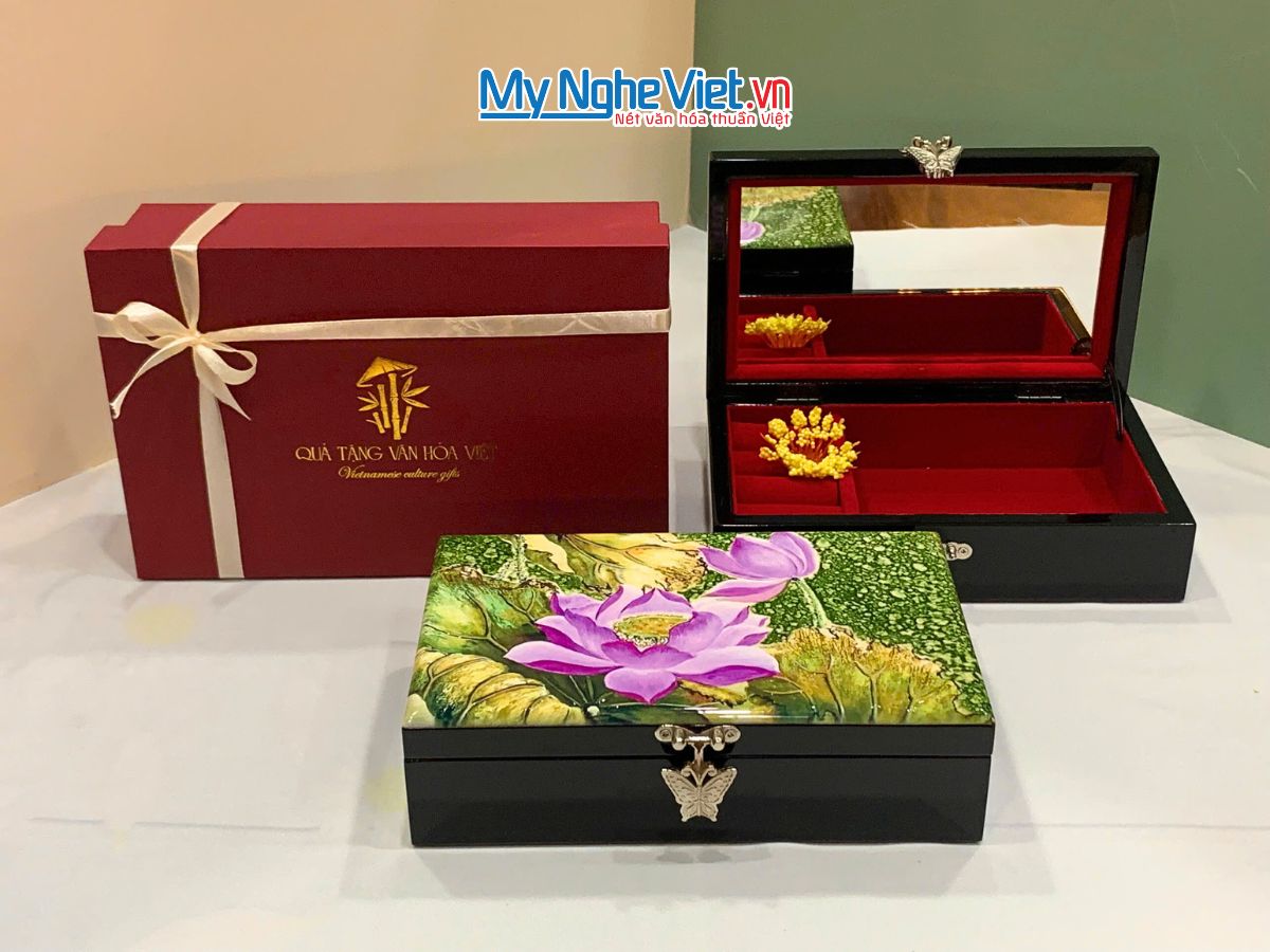 Combo Hộp đựng trang sức SM sen hồng tím nền xanh + hộp ép kim CBHTSHD04-3