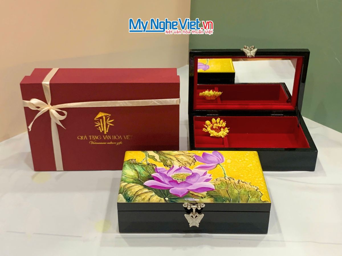 Combo Hộp đựng trang sức SM sen hồng tím nền vàng + hộp ép kim CBHTSHD04-2