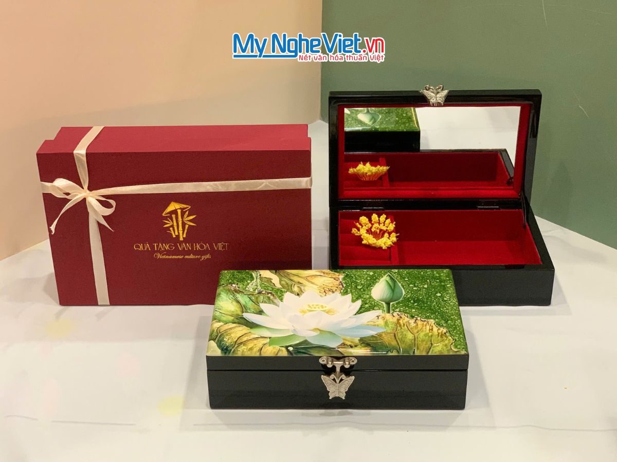 Combo Hộp đựng trang sức SM sen trắng nền xanh + hộp ép kim CBHTSHD04-4
