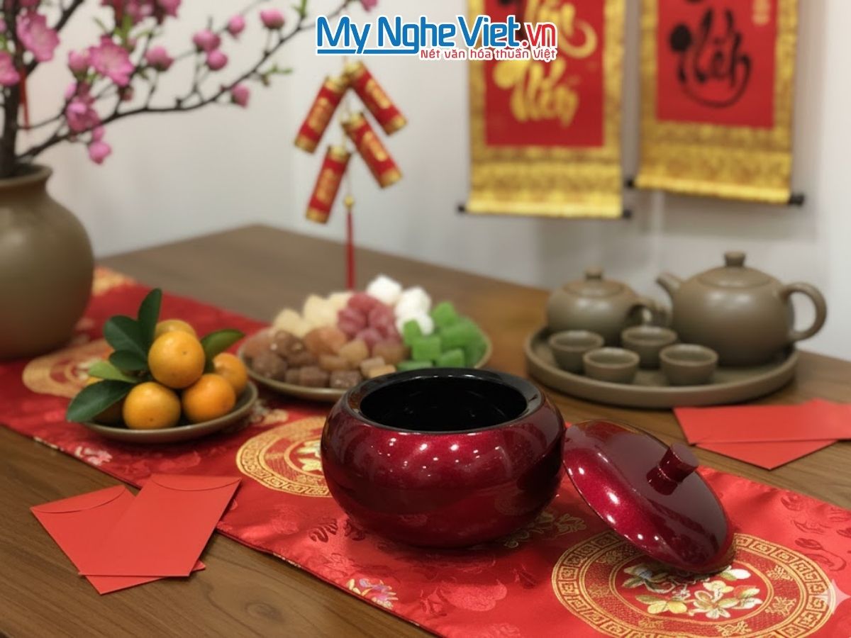 Hũ sơn mài dát bạc màu đỏ - MNVTBL002	