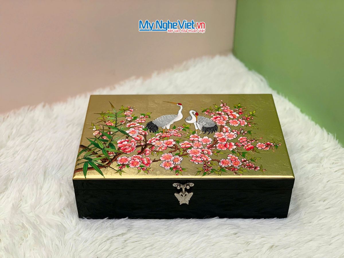 Hộp trang sức sơn mài họa tiết cò đào dát lá vàng cao cấp HSMHD2030/3
