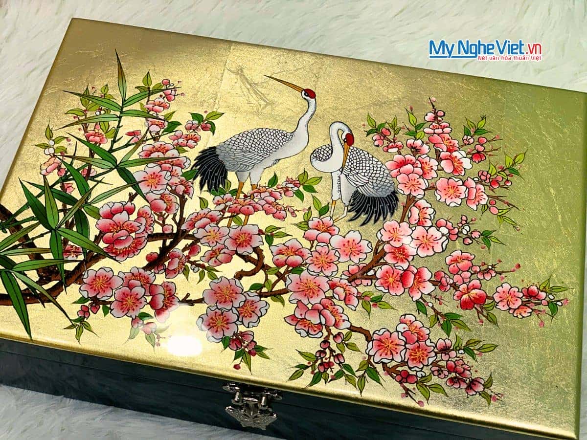 Hộp trang sức sơn mài họa tiết cò đào dát lá vàng cao cấp HSMHD2030/3