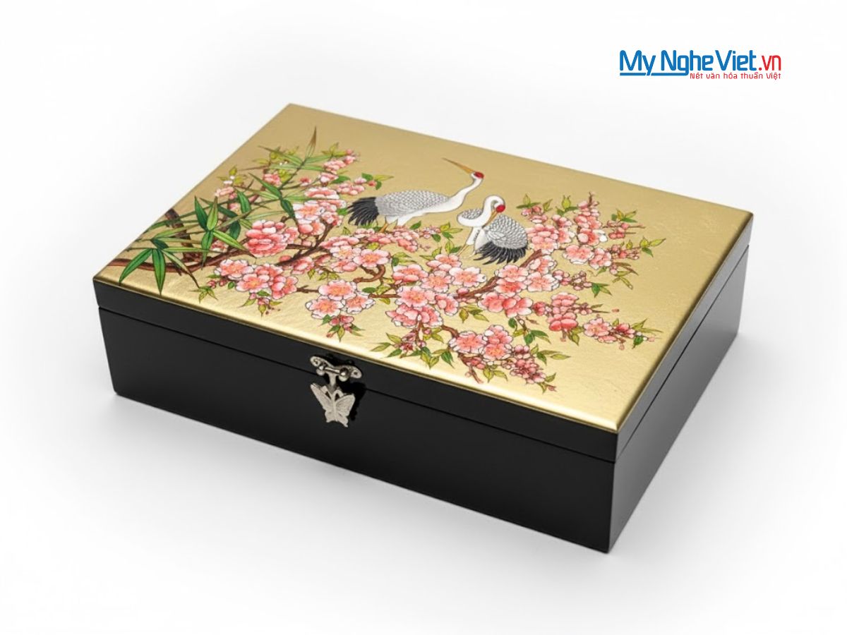 Hộp trang sức sơn mài họa tiết cò đào dát lá vàng cao cấp HSMHD2030/3