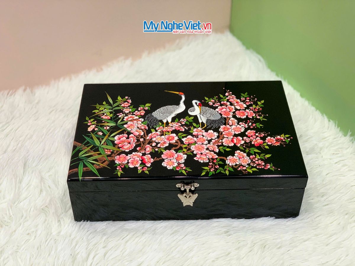 Hộp trang sức sơn mài họa tiết cò đào nền đen cao cấp HSMHD2030/3