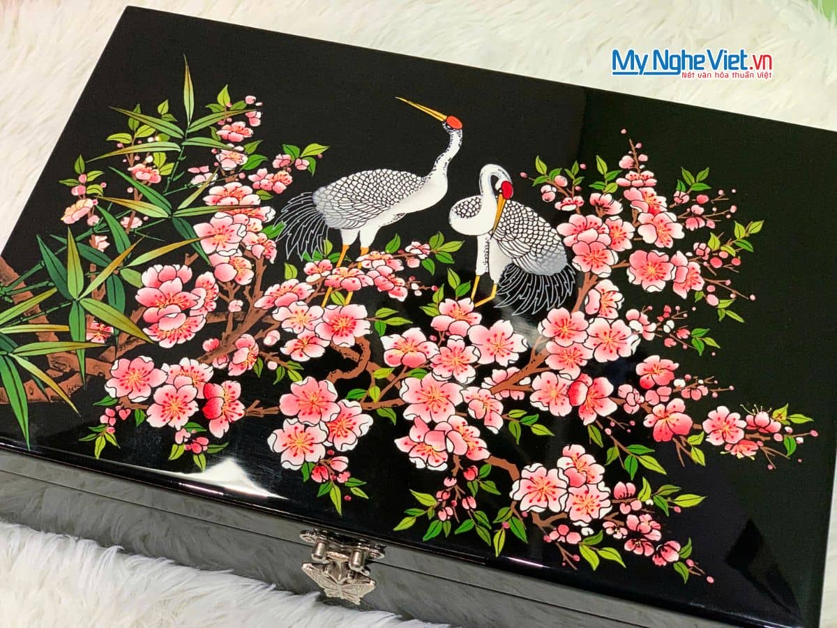 Hộp trang sức sơn mài họa tiết cò đào nền đen cao cấp HSMHD2030/3