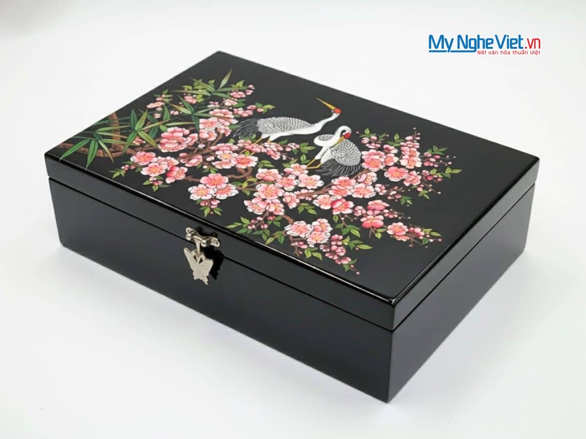 Hộp trang sức sơn mài họa tiết cò đào nền đen cao cấp HSMHD2030/3
