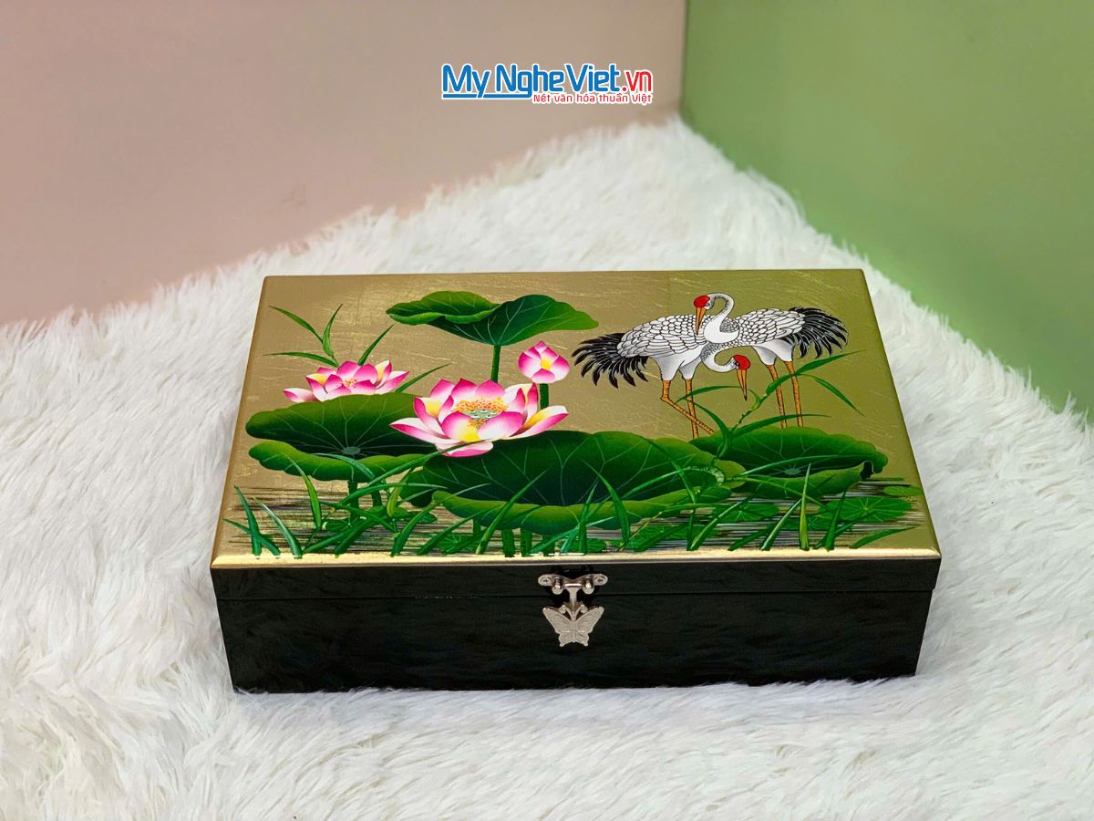 Hộp trang sức sơn mài họa tiết cò sen dát lá vàng cao cấp HSMHD2030/4