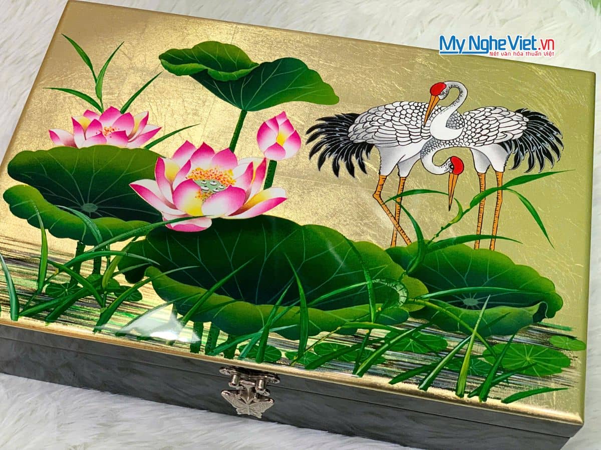 Hộp trang sức sơn mài họa tiết cò sen dát lá vàng cao cấp HSMHD2030/4