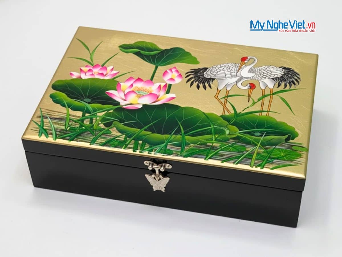 Hộp trang sức sơn mài họa tiết cò sen dát lá vàng cao cấp HSMHD2030/4