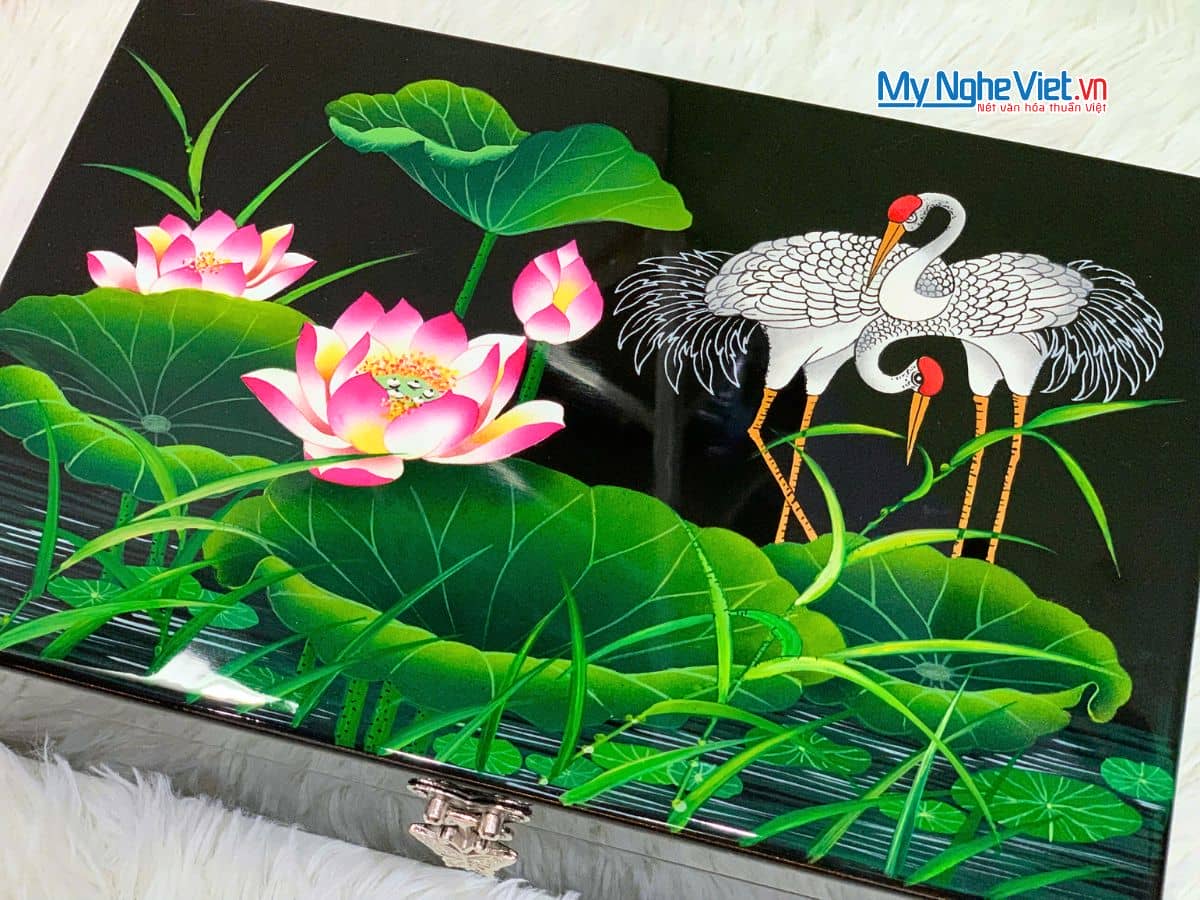 Hộp trang sức sơn mài họa tiết cò sen nền đen cao cấp HSMHD2030/1