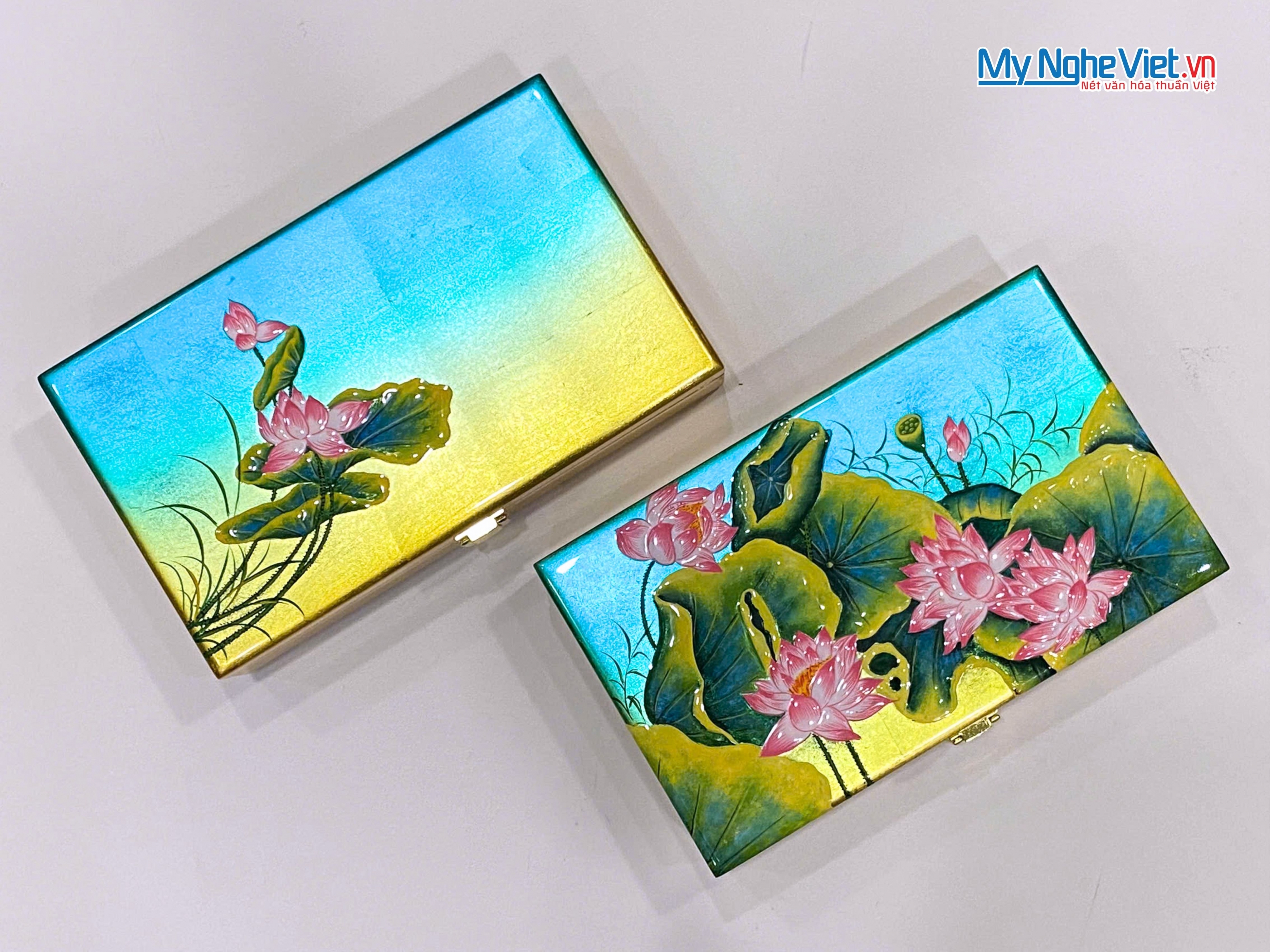 Hộp trang sức cao cấp 14x24cm vẽ tay Hoa Sen nền 2 màu HSMDH1424-02