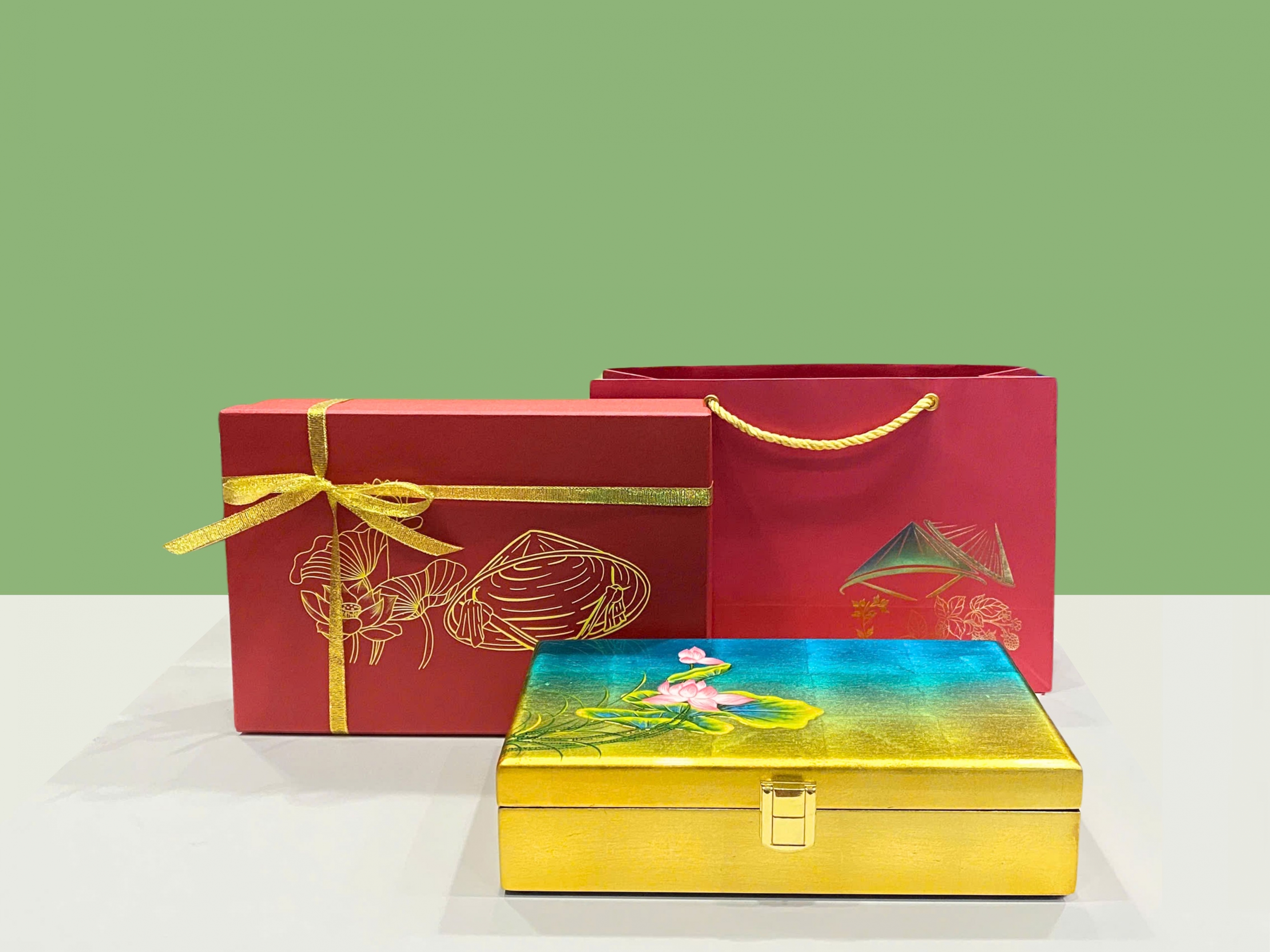 Hộp trang sức cao cấp 14x24cm vẽ tay Hoa Sen nền 2 màu HSMDH1424-02