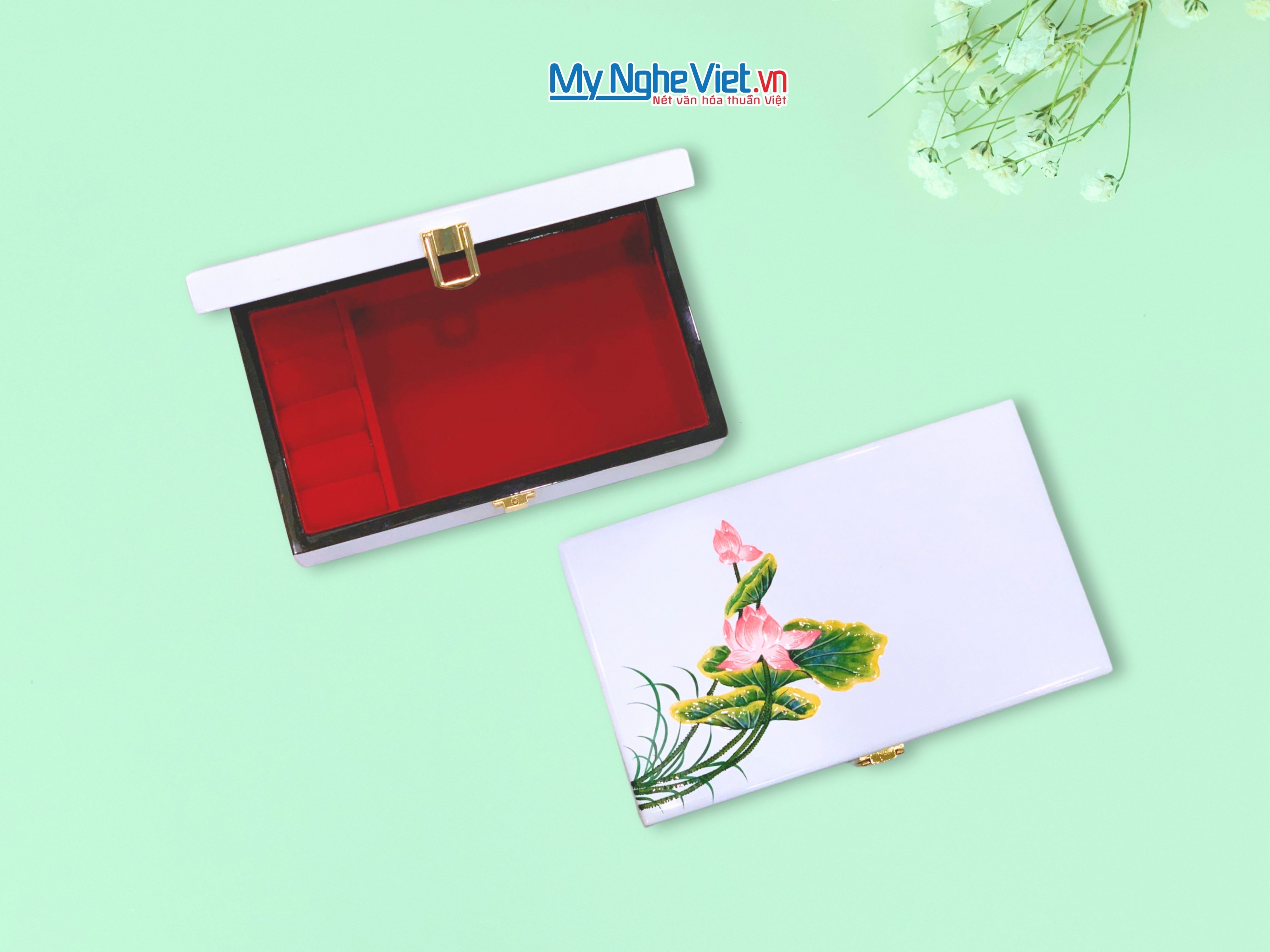 Hộp trang sức cao cấp 14x24cm vẽ tay Hoa Sen nền trắng HSMDH1424-02