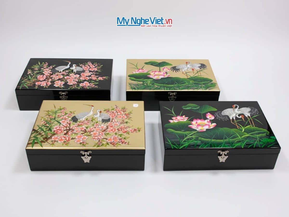 Hộp trang sức sơn mài họa tiết cò sen dát lá vàng cao cấp HSMHD2030/4