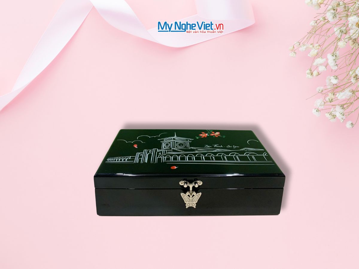 Hộp trang sức cao cấp vẽ Chợ Bến Thành nền đen 12x20 MNV-SMHD1220-1