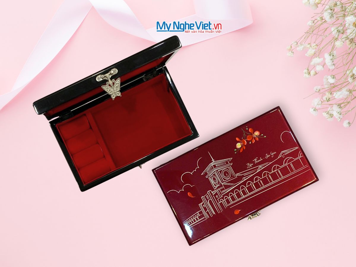 Hộp trang sức cao cấp vẽ Chợ Bến Thành nền đỏ 14x24 MNV-SMHD1424-1