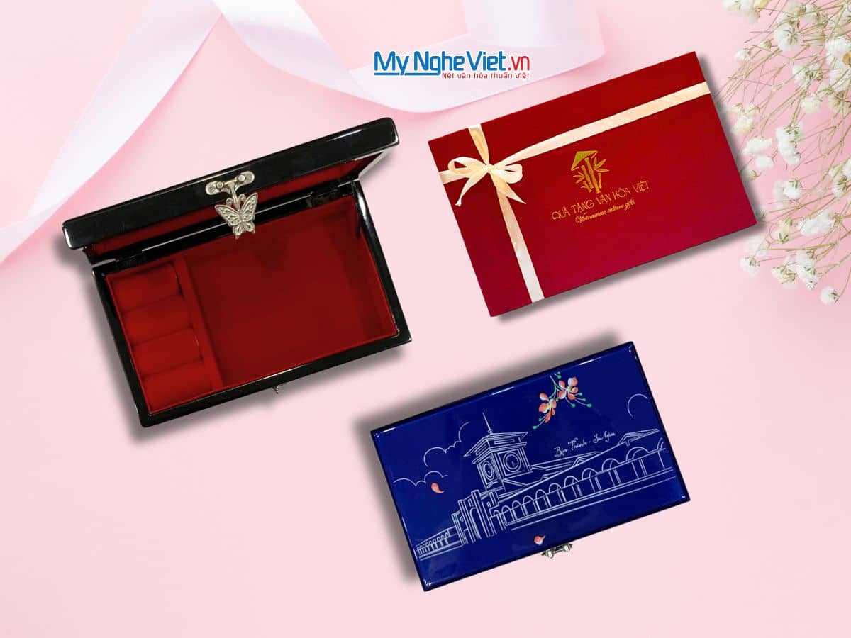 Hộp trang sức cao cấp vẽ Chợ Bến Thành màu xanh 12x20 MNV-SMHD1220-3