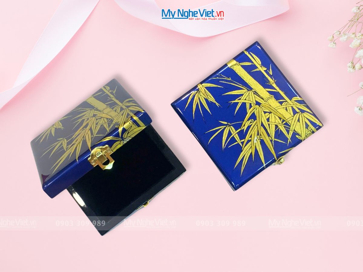 Hộp sơn mài tre trúc nền xanh 13x13x5.5 HSMHD13-1