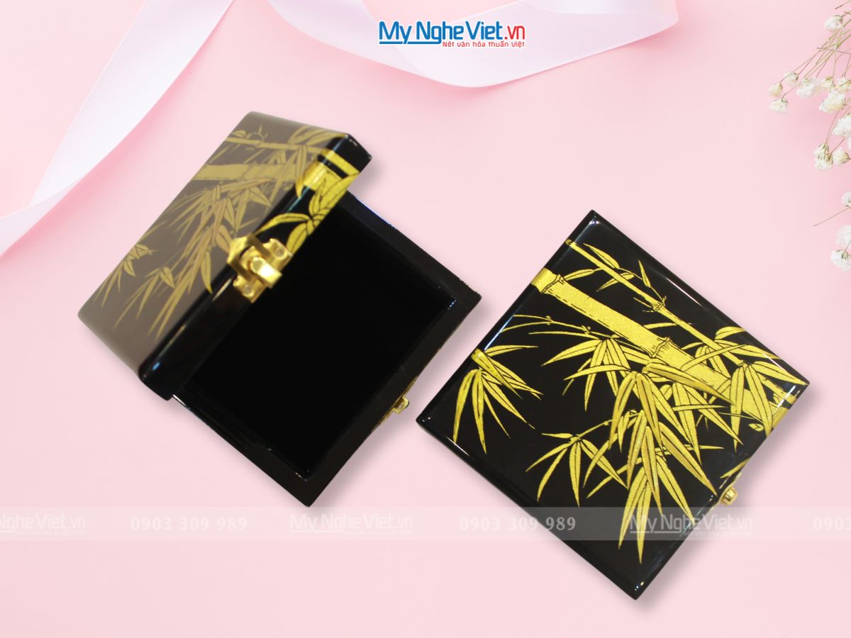 Hộp sơn mài tre trúc nền đen 13x13x5.5 HSMHD13-3