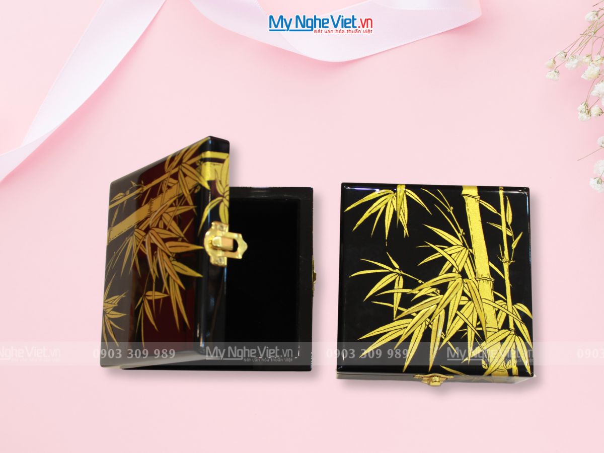 Hộp sơn mài tre trúc nền đen 13x13x5.5 HSMHD13-3
