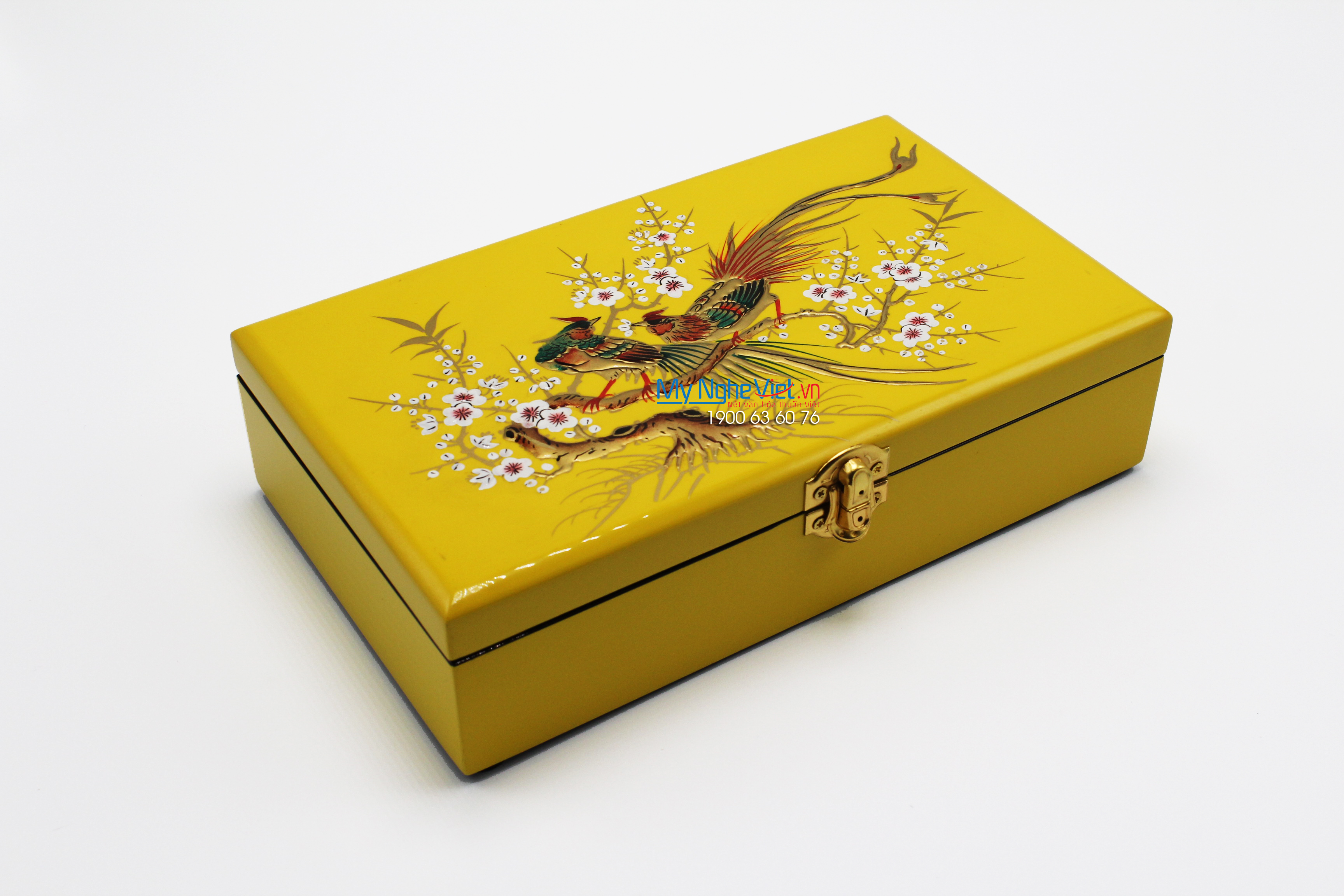 Hộp nữ trang vẽ chim Trĩ trên cành mai nền vàng MNV-SPCC003-1